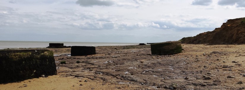 Pillboxes pepper the beach at Walton on the Naze