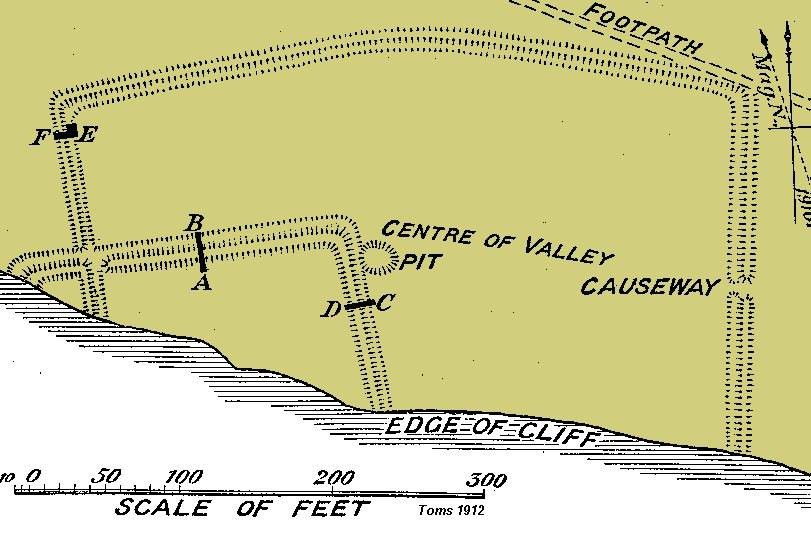 Plan of Bronze Age enclosure at Belle Tout from the 1909 excavations. Notice how far it is from the cliff edge 100 years ago...