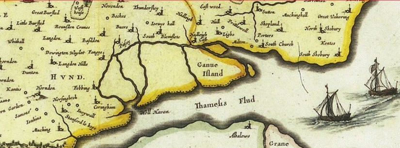 Canvey Island shown on John Blaeu's map Essexia Comitatus, 1646