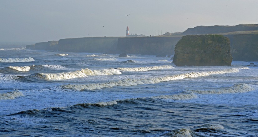 Marsden Bay, with Marsden Rock on the right and the Souter Lighthouse in the background