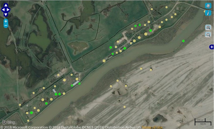 A screenshot showing The Street, Orford Ness on CITiZAN's interactive map. The green dots are newly added features