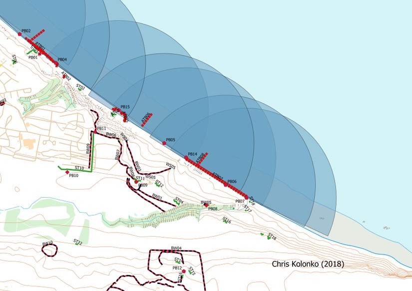 Arcs of fire from eared pillboxes mapped from fieldwork