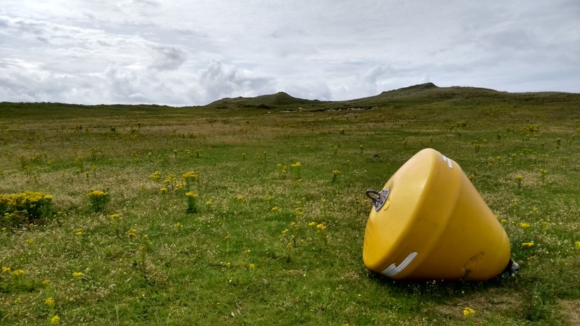 Contemporary archaeology: a wind blown buoy on the machair; Udal, North Uist