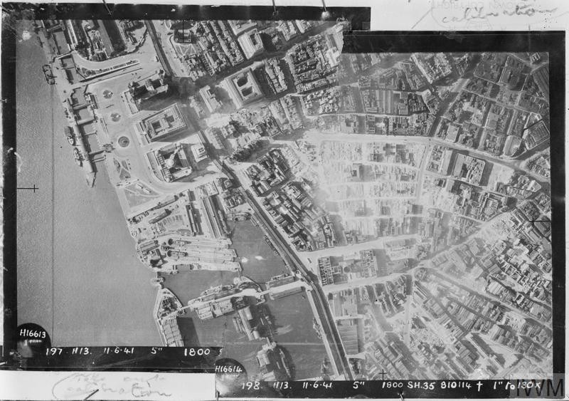 RAF aerial photograph of Liverpool pier head, St Nicholas' can be seen in the very top left of the image