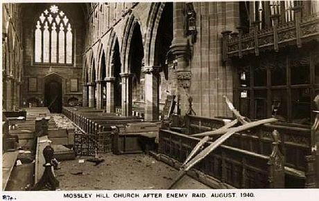The church of St Matthew and St James, Mossley Hill hit during the raid of the 28th and 29th August.  Reputedly the first church to be bombed in the United Kingdom