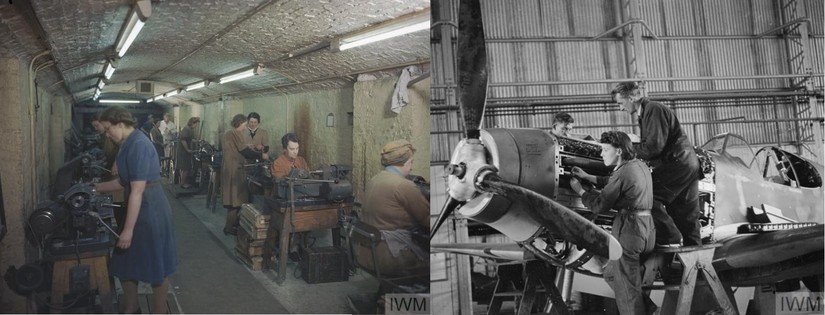 Workshop Merseyside. Left: Underground armament factory making 20mm cannon shells and .303 rifle rounds, New Brighton.  Right: Assembling a North American Mustang at the Lockheed Aircraft Corp, Speke