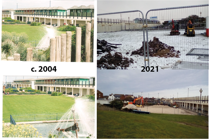 The Sutton on Sea Colonnade and associated gardens in approximately 2004 (left hand side) and early 2021 (right hand side)