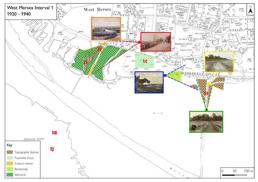 . Images and their viewsheds mapped on an early edition OS for the West Mersea site. The alphanumeric codes relate to oral history recordings
