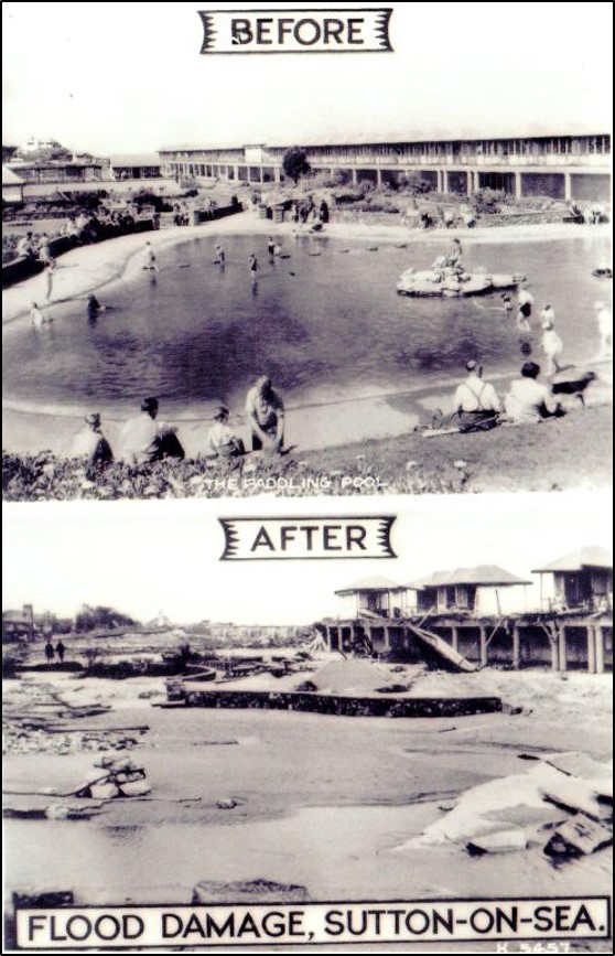 Historic postcard showing the colonnade before and after the great flood