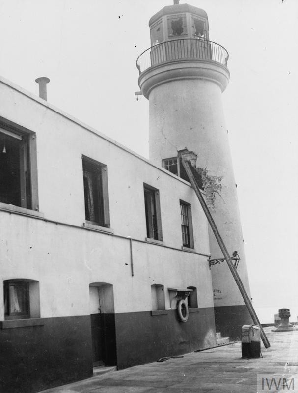 Damage to the Vincent's Pier Lighthouse, Scarborough, caused by shelling from the German battlecruisers SMS Derfflinger and SMS Von Der Tann on the morning of 16th December 1914. 